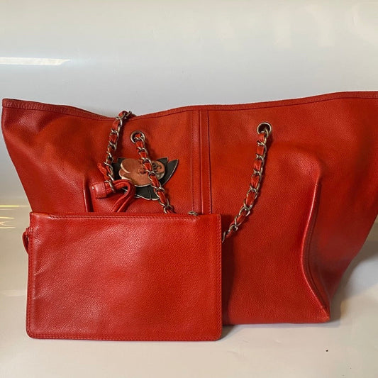 Preloved Chanel XL Shopping Tote Red Leather Shoulder Bag