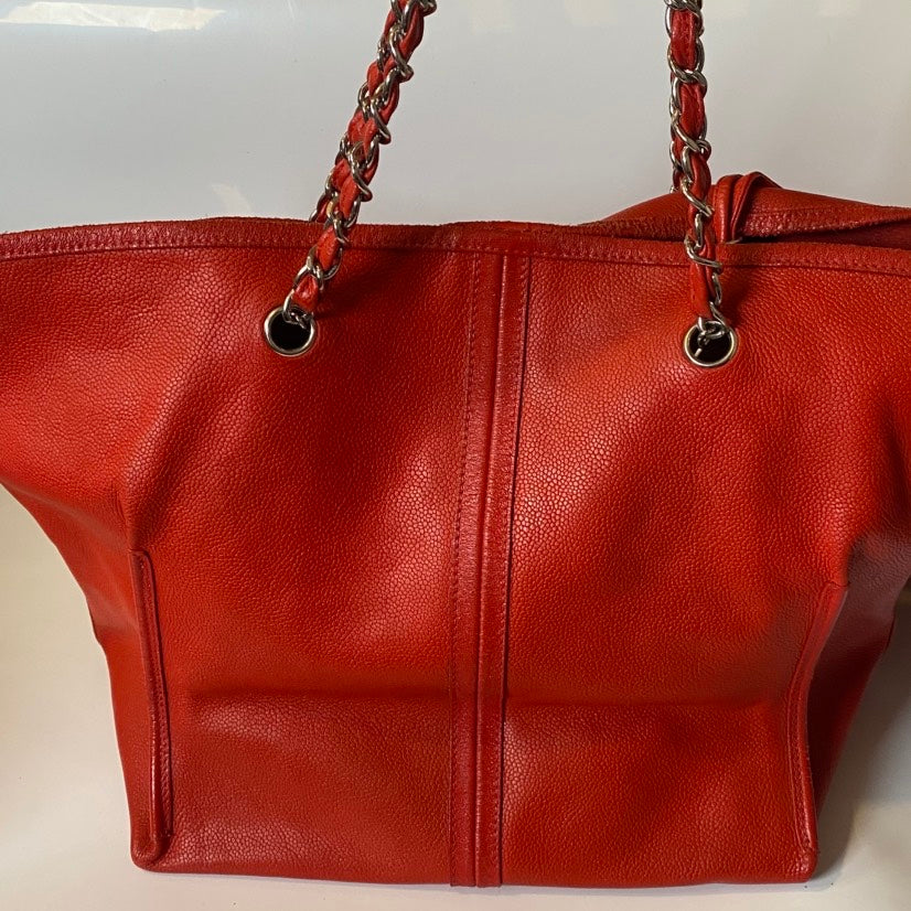 Preloved Chanel XL Shopping Tote Red Leather Shoulder Bag