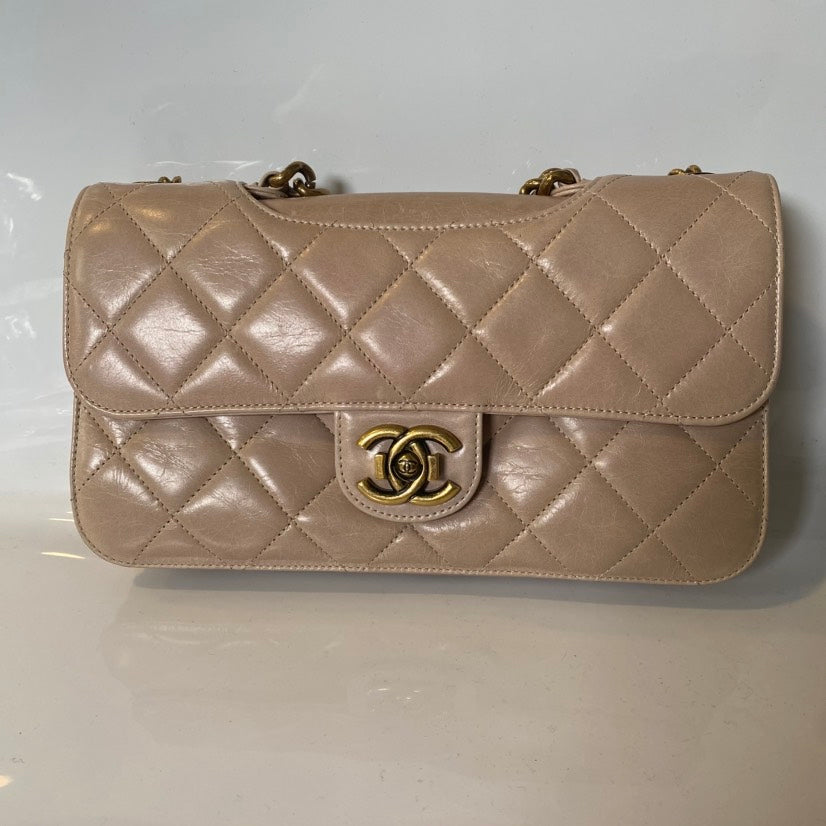 Chanel Beige Quilted Oil Wax Bag - Classic Flap Shoulder Bag