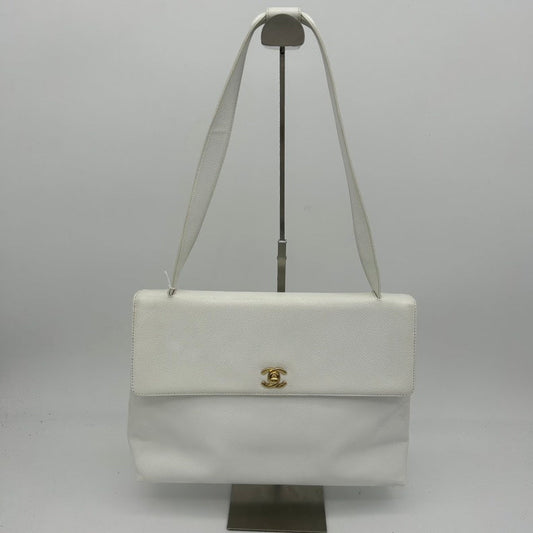 Chanel White Leather Shoulder Bag Medium Size