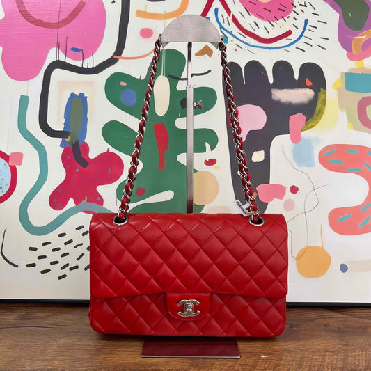 Chanel Classic Flap Red Quilted Leather Shoulder Bag Medium Size