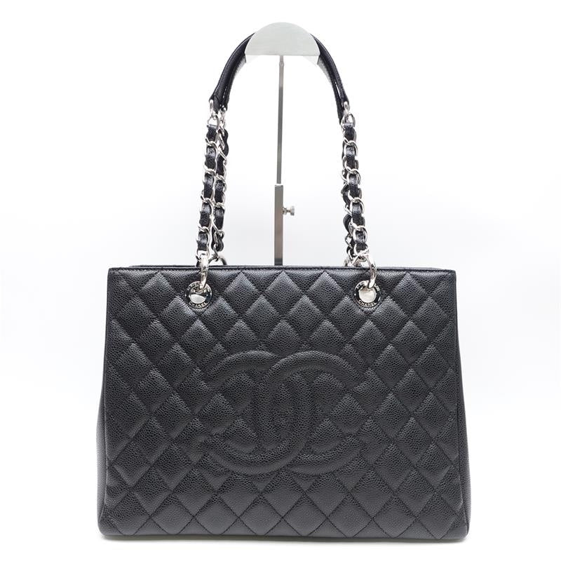 Chanel GST Black Silver Calfskin Quilted Shoulder Bag.