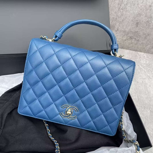 Chanel Blue Quilted Calfskin Top Handle Flap Bag Medium