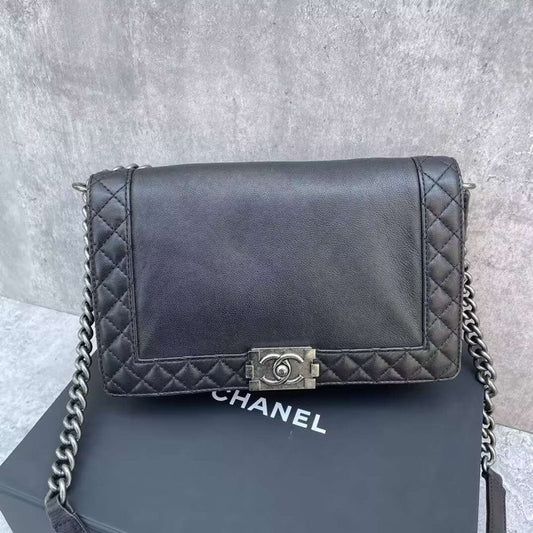 Chanel Boy Flap Bag Black Caviar Leather Medium Chain Strap