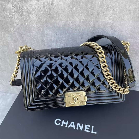 Chanel Boy Flap Bag Black Quilted Patent Leather Medium
