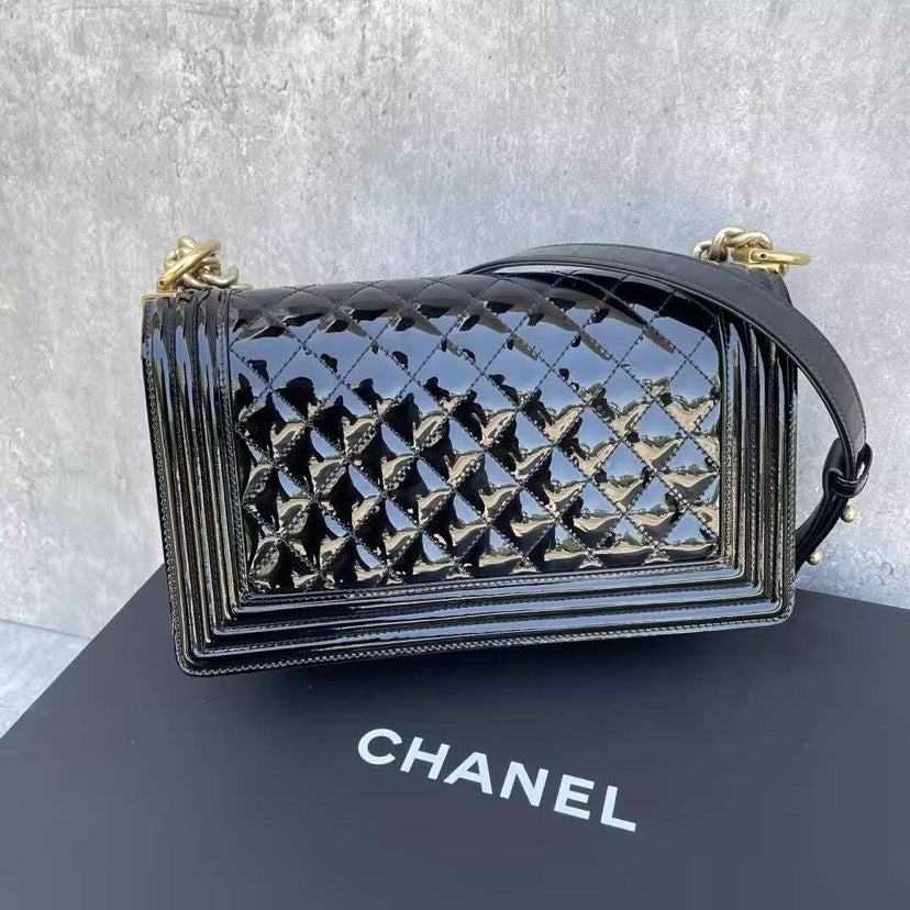 Chanel Boy Flap Bag Black Quilted Patent Leather Medium