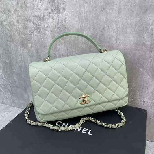 Chanel Top Handle Flap Bag Quilted Calfskin Mint Green Medium