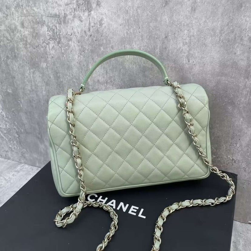 Chanel Top Handle Flap Bag Quilted Calfskin Mint Green Medium