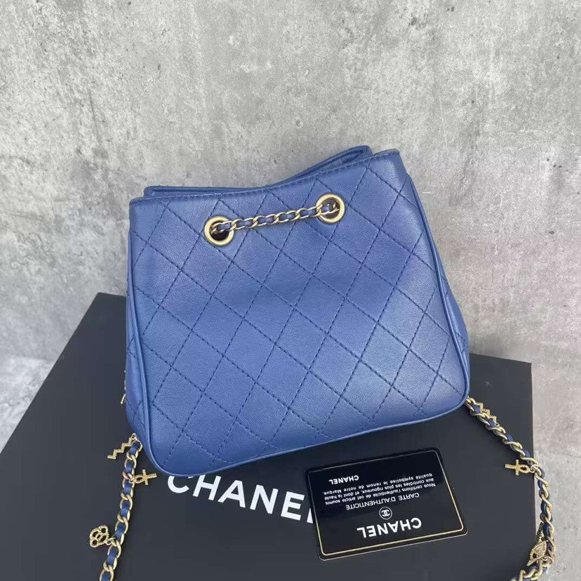Chanel Blue Quilted Calfskin Bucket Bag Gold Chain