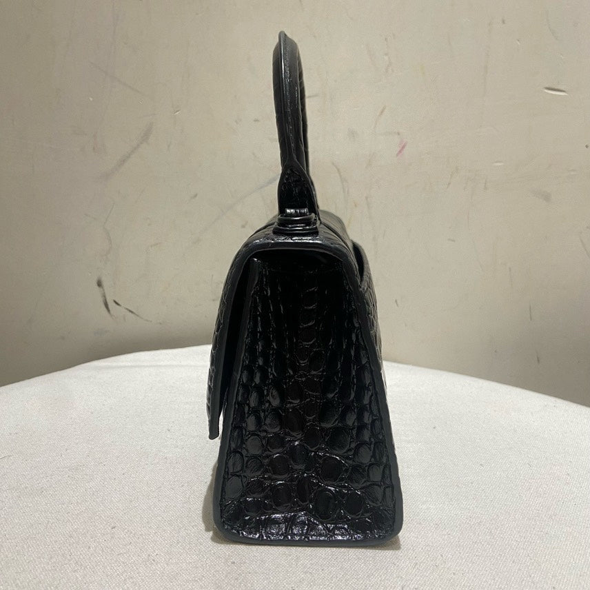Balenciaga XS So Black Hourglass Croc-Embossed Leather Top Handle Bag