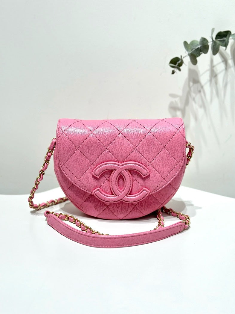 Chanel So Pink Caviar Leather Half Moon Crossbody Bag with Dust Bag