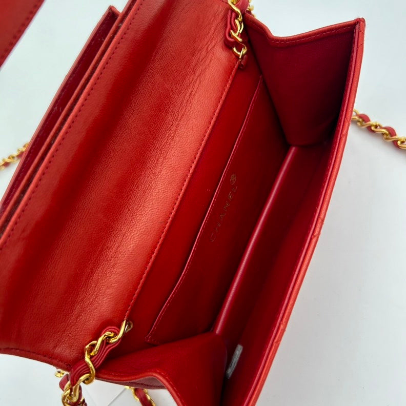 Chanel Red Leather Quilted Shoulder Bag Medium Size