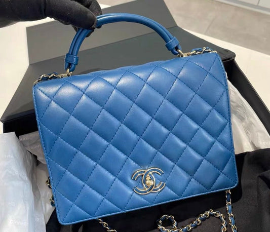 Chanel Quilted Blue Leather Crossbody Bag Small