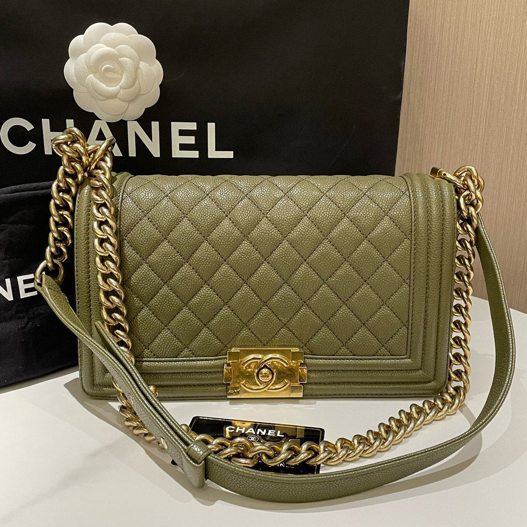 Chanel Le Boy Medium Caviar Leather Olive Green Shoulder Bag