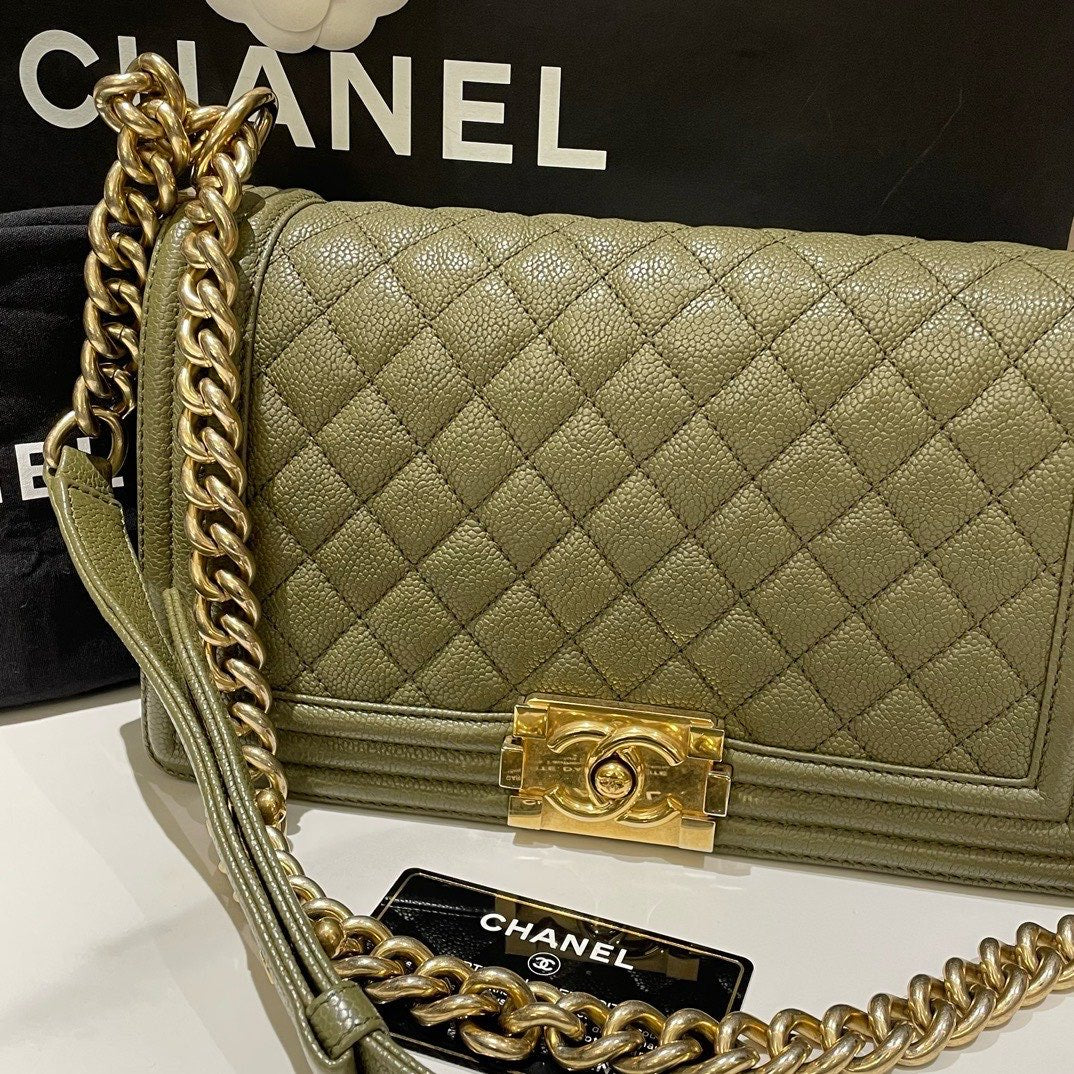 Chanel Le Boy Medium Caviar Leather Olive Green Shoulder Bag