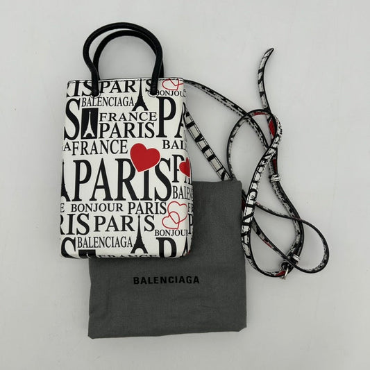 Balenciaga Paris Print Leather Shoulder Bag White Medium