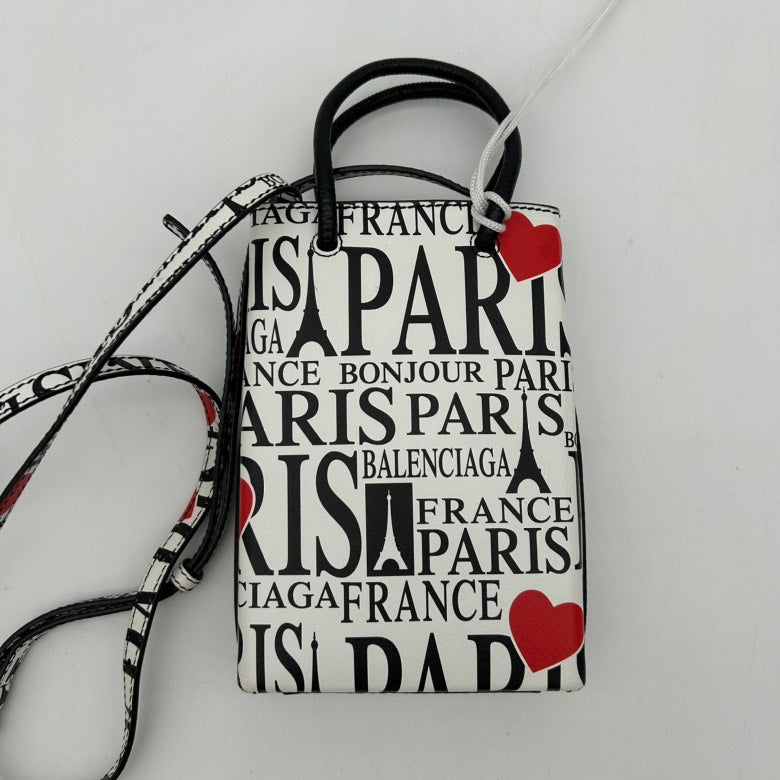 Balenciaga Paris Print Leather Shoulder Bag White Medium