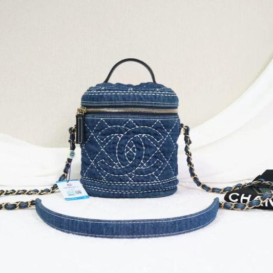 Chanel Vanity Case Blue Quilted Denim Crossbody Bag Small Size
