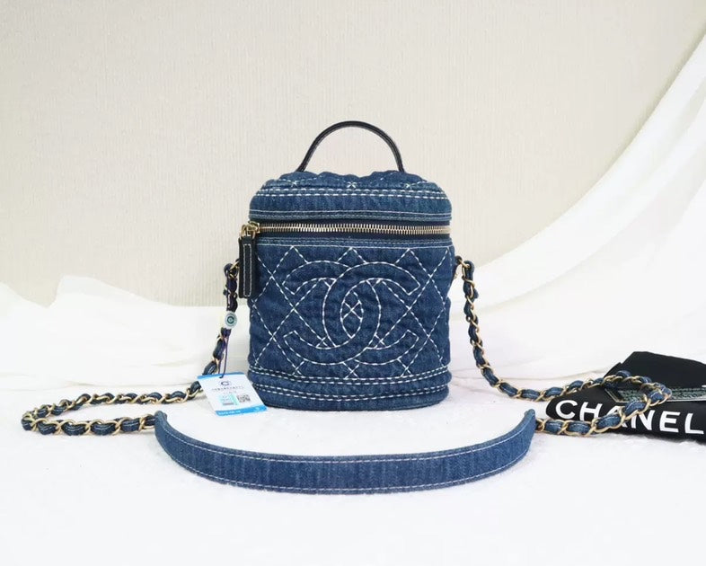 Chanel Vanity Case Blue Quilted Denim Crossbody Bag Small Size
