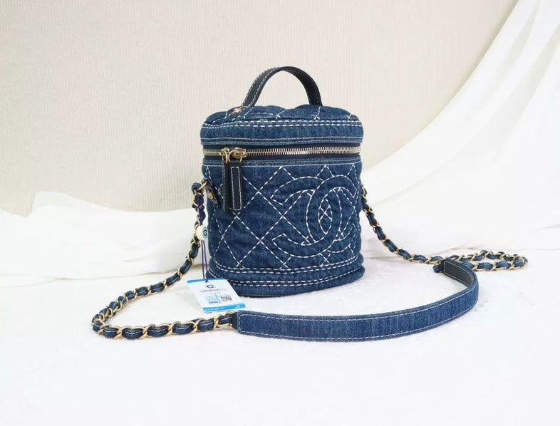 Chanel Vanity Case Blue Quilted Denim Crossbody Bag Small Size