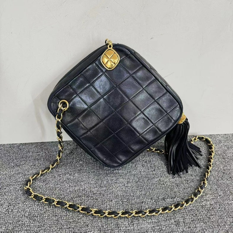 Chanel Black Leather Quilted Chain Shoulder Bag Square Size with Tassel