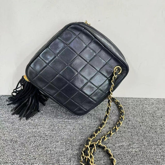Chanel Black Leather Quilted Chain Shoulder Bag Square Size with Tassel