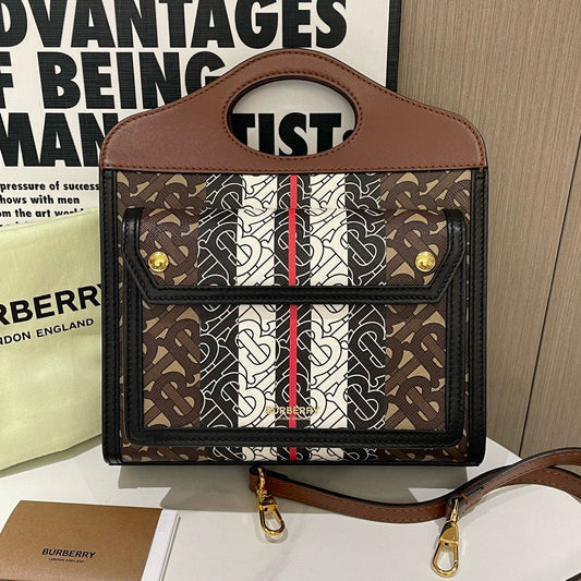 Burberry Pocket Tote Brown Black White Monogram Handbag