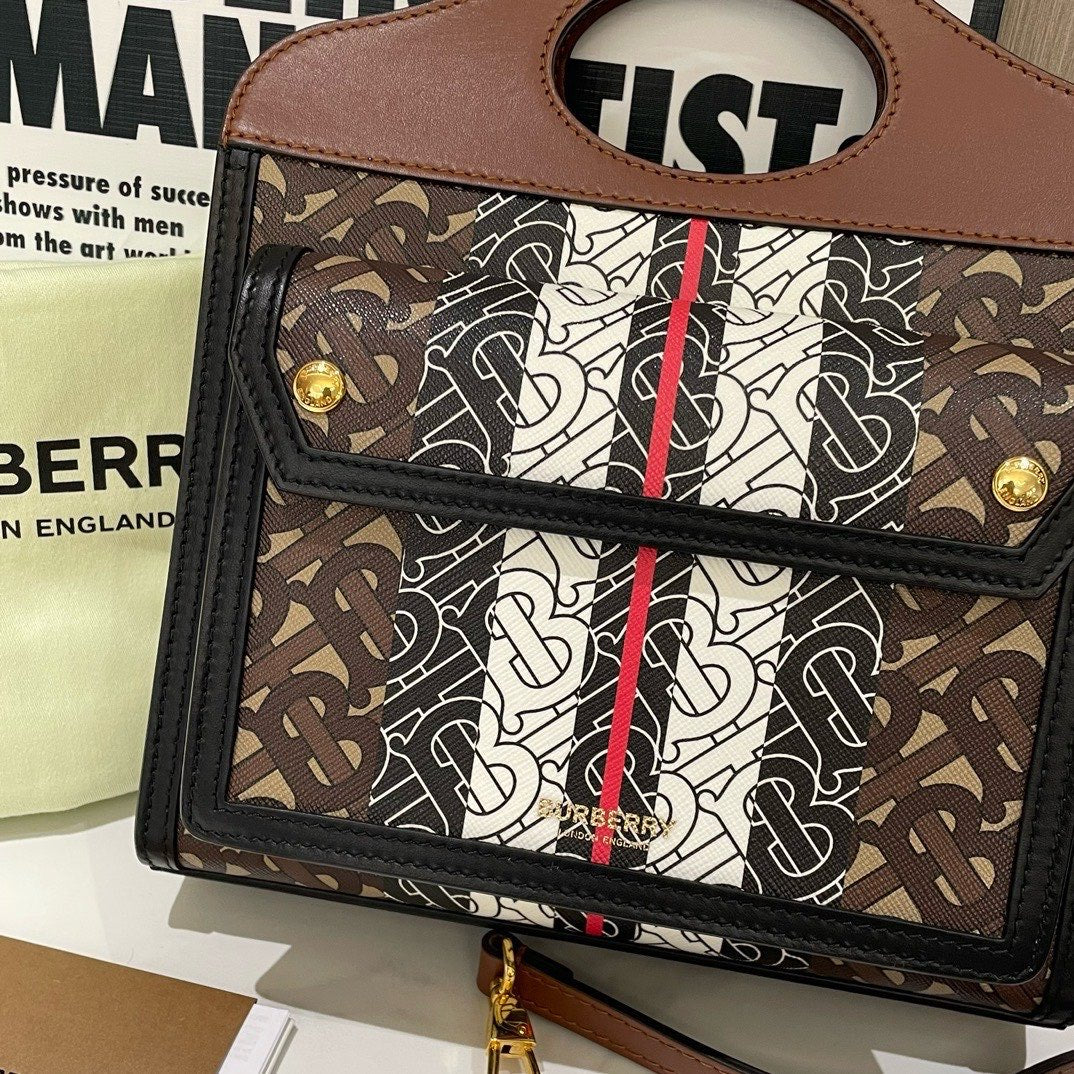 Burberry Pocket Tote Brown Black White Monogram Handbag