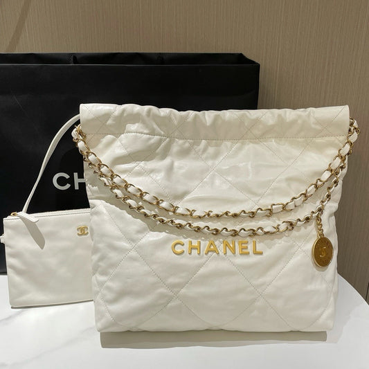 Chanel 22 Bag Small White Quilted Leather Chain Strap Shoulder Bag