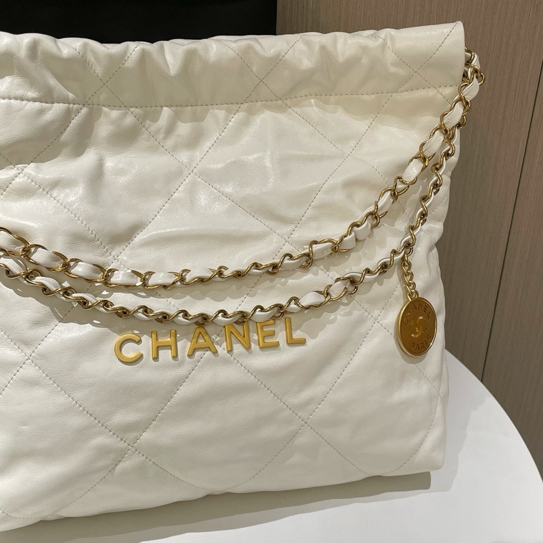 Chanel 22 Bag Small White Quilted Leather Chain Strap Shoulder Bag