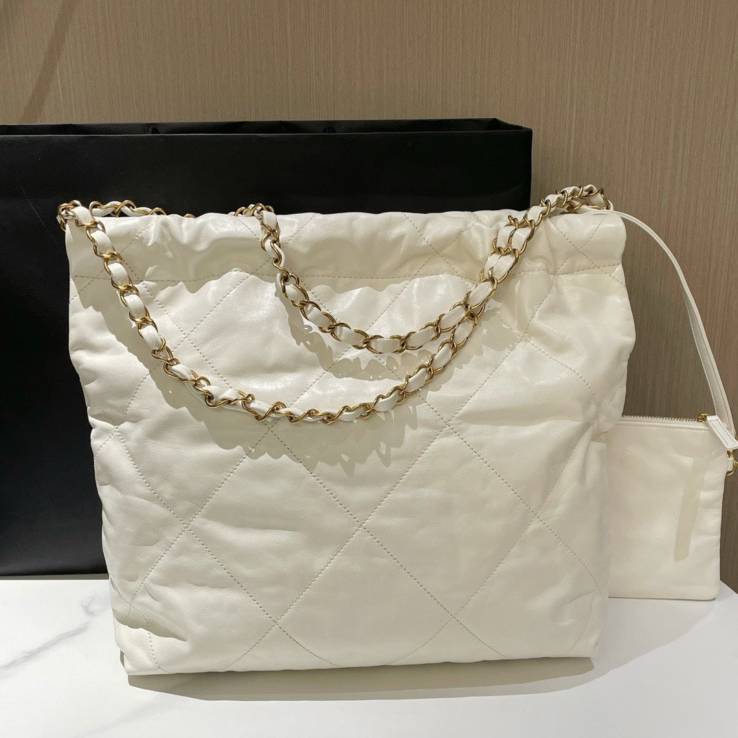 Chanel 22 Bag Small White Quilted Leather Chain Strap Shoulder Bag