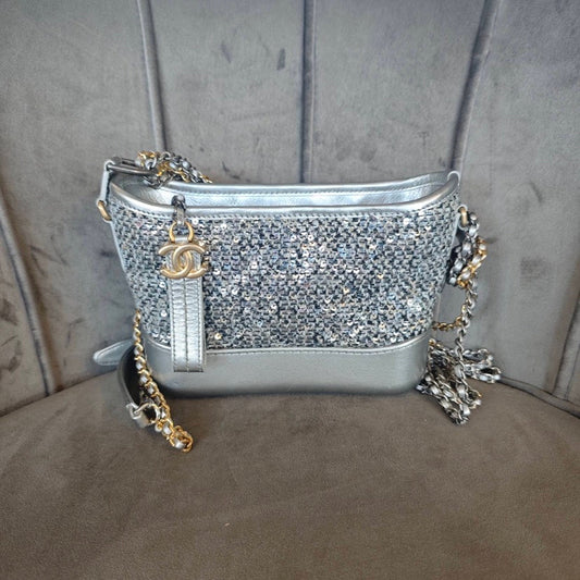 Chanel Gabrielle Small Silver Sequin Hobo Bag