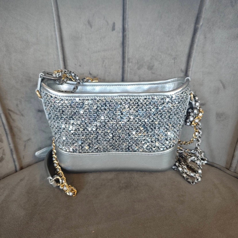 Chanel Gabrielle Small Silver Sequin Hobo Bag