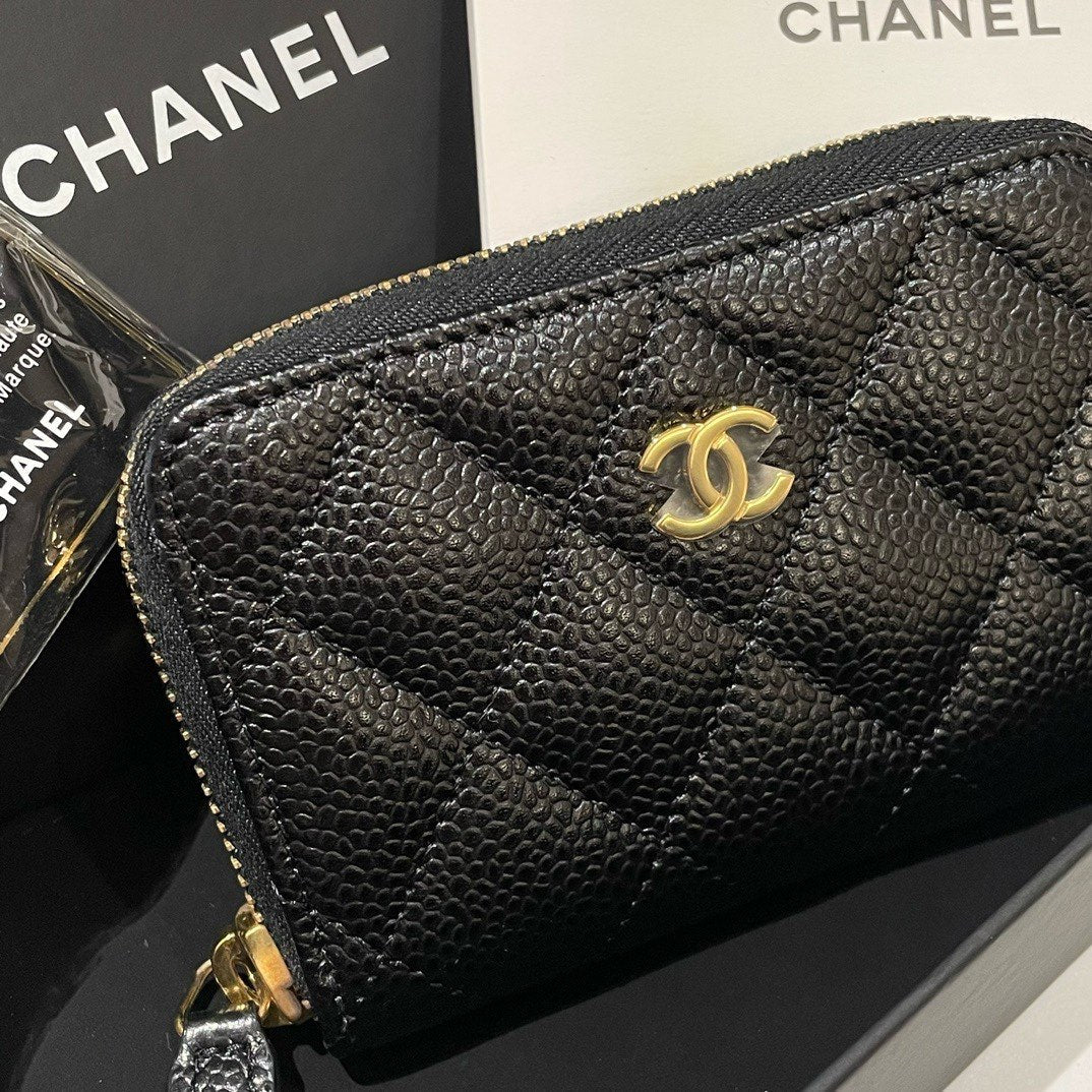 Chanel Caviar Leather Quilted Card Holder Coin Purse Black 2016