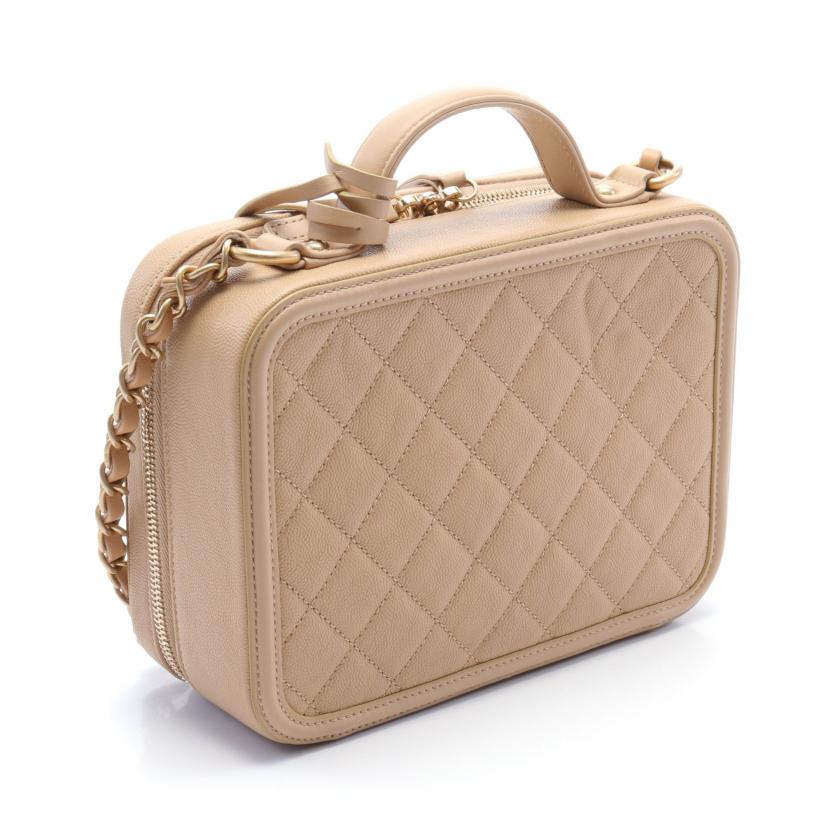 Chanel CC Filigree Matelasse Vanity Chain Shoulder Bag Beige Caviar Leather WAY Gold Hardware