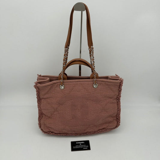 Chanel Canvas 2ways Pink Medium Tote Bag with Leather Handles and Chain Straps
