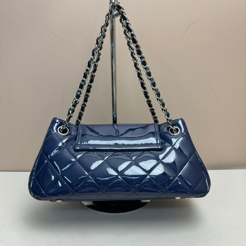 Chanel 2.55 Navy Blue Patent Leather Quilted Chain Shoulder Bag Medium