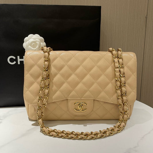 Chanel Classic Single Flap Jumbo Beige Caviar Leather 2010