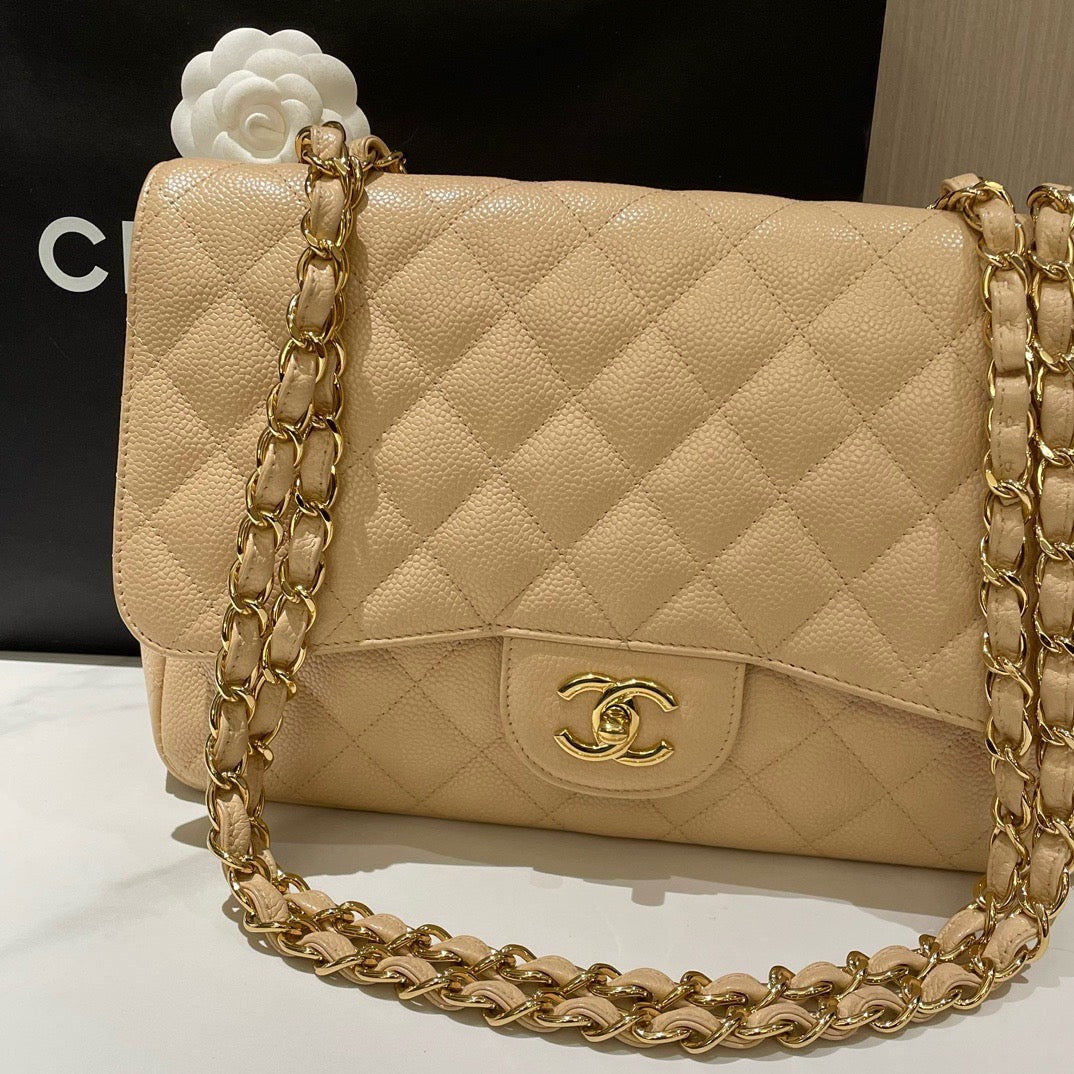 Chanel Classic Single Flap Jumbo Beige Caviar Leather 2010