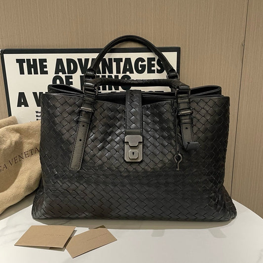 Bottega Veneta Roma Black Leather Woven Tote Bag Large