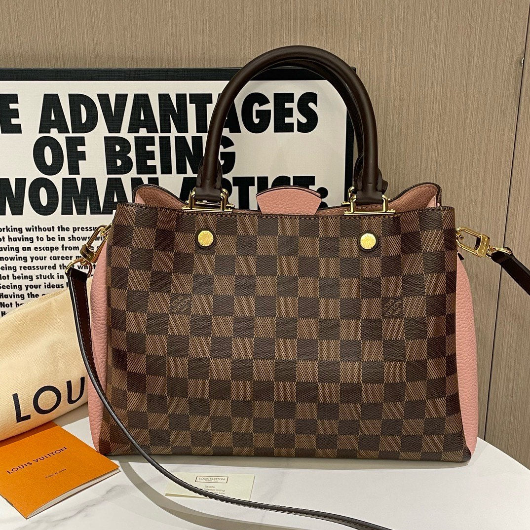 Louis Vuitton Brittany Handbag Rose Ballerine Damier Ebene Canvas Satchel, Top Handle Bag, #12086