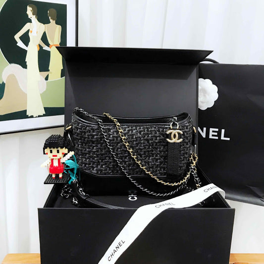Chanel Wandering Black Tweed Leather Shoulder Bag Medium