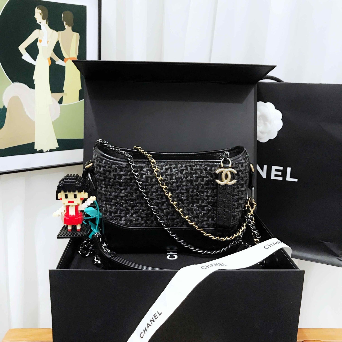 Chanel Wandering Black Tweed Leather Shoulder Bag Medium