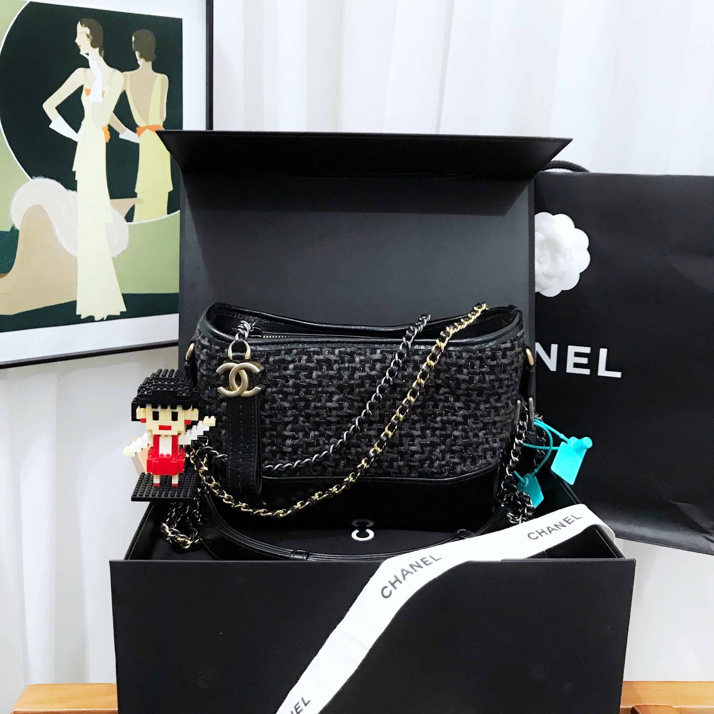 Chanel Wandering Black Tweed Leather Shoulder Bag Medium