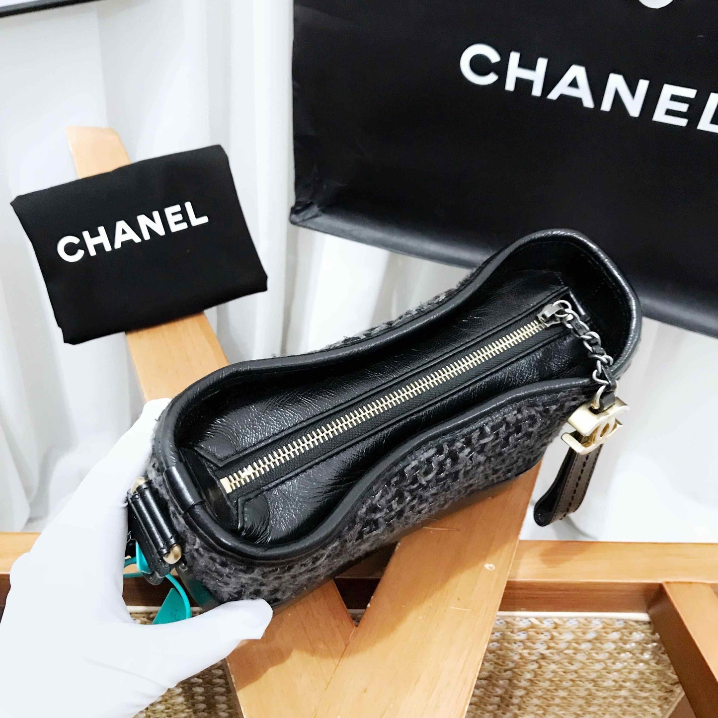 Chanel Wandering Black Tweed Leather Shoulder Bag Medium