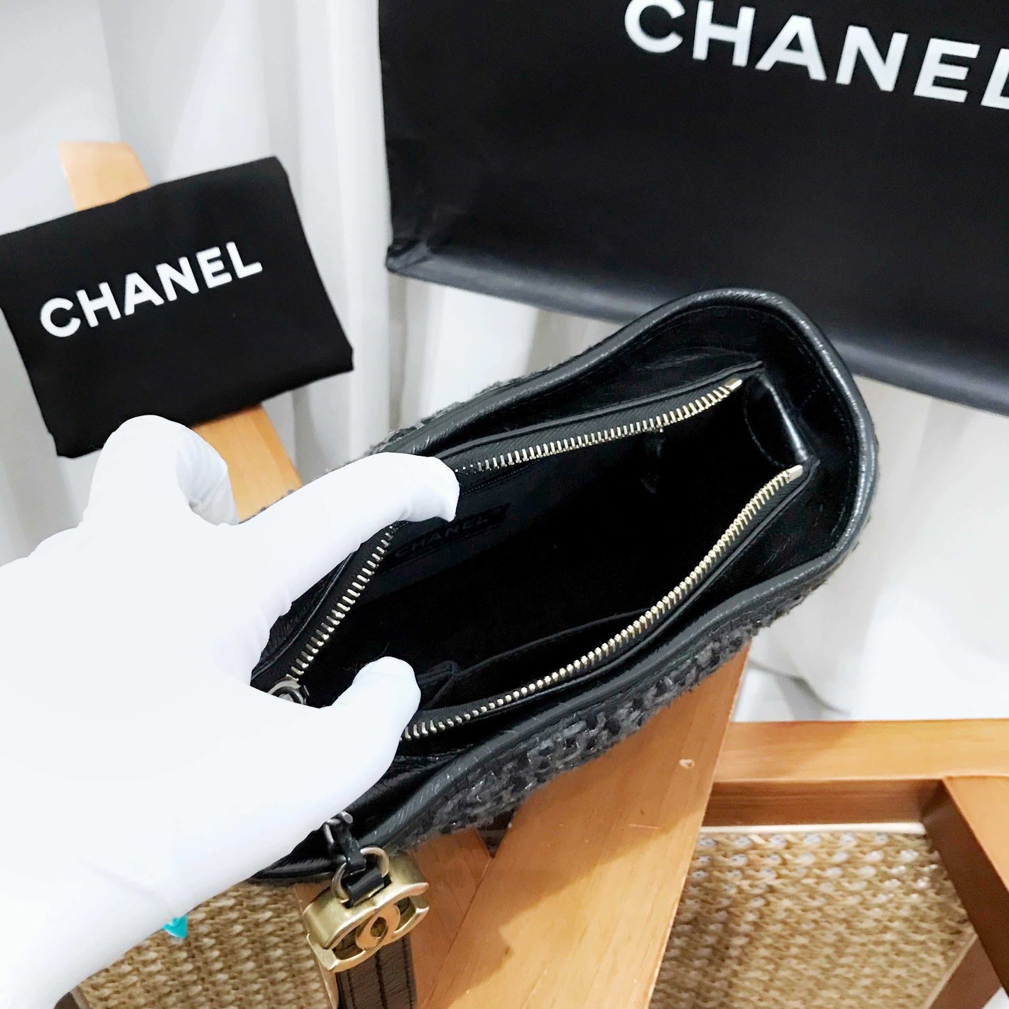 Chanel Wandering Black Tweed Leather Shoulder Bag Medium