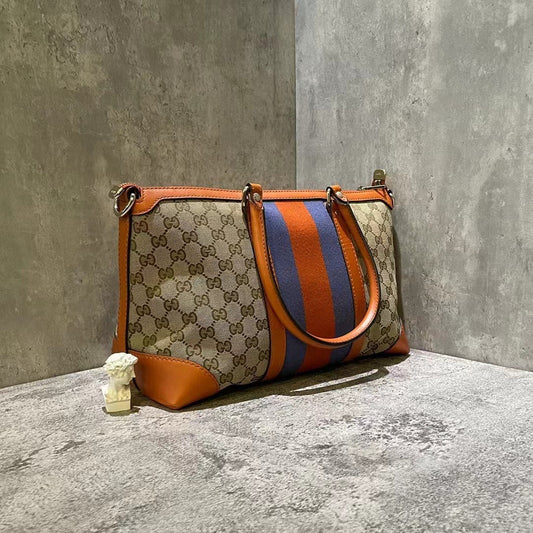 Gucci Beige Orange Stripe Monogram Canvas Tote Bag Medium