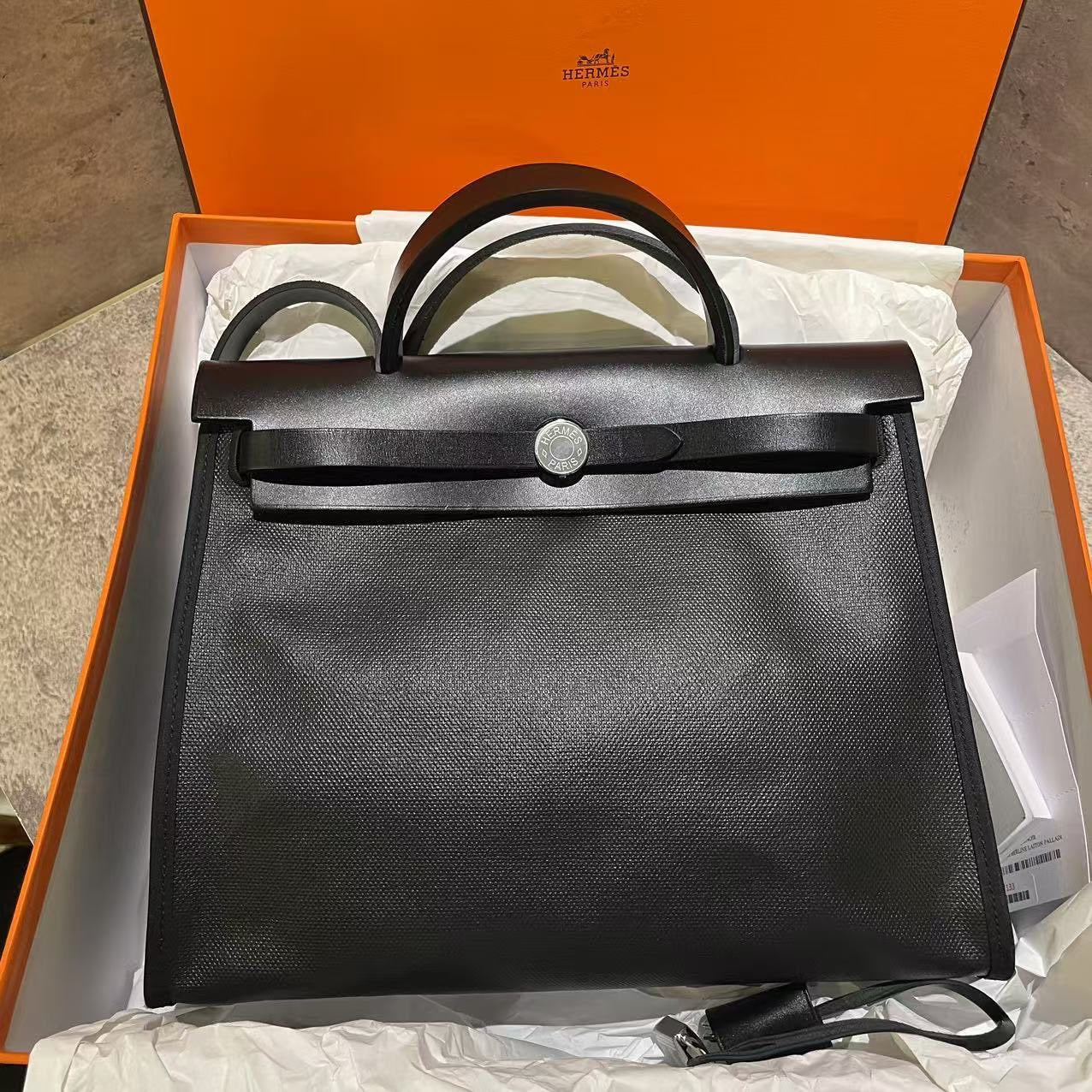 Hermes Herbag 31 Black Waterproof Canvas Handbag
