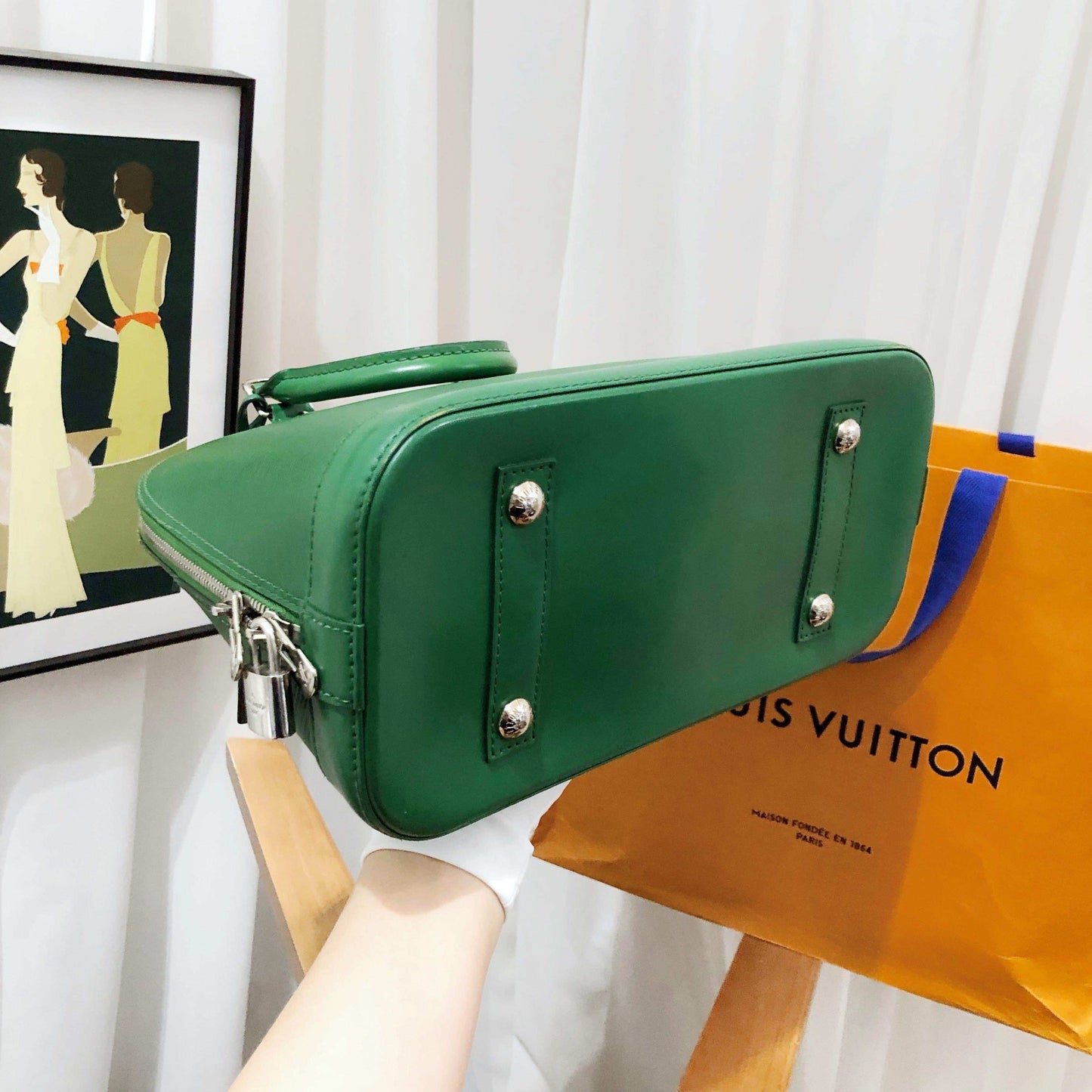 louis vuitton alma epi leather green handbag