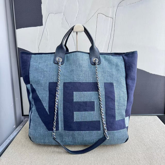 Chanel Deauville Tote Bag Blue Canvas 2018 Preloved Large